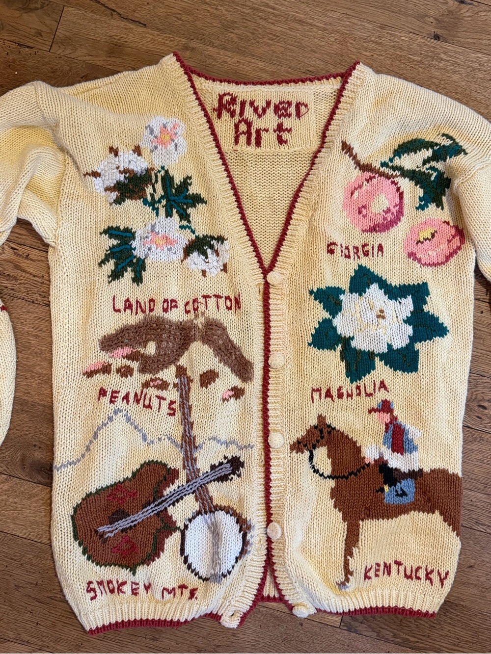 Cream Hand-Knit Floral & Country Motif Cardigan Sweater